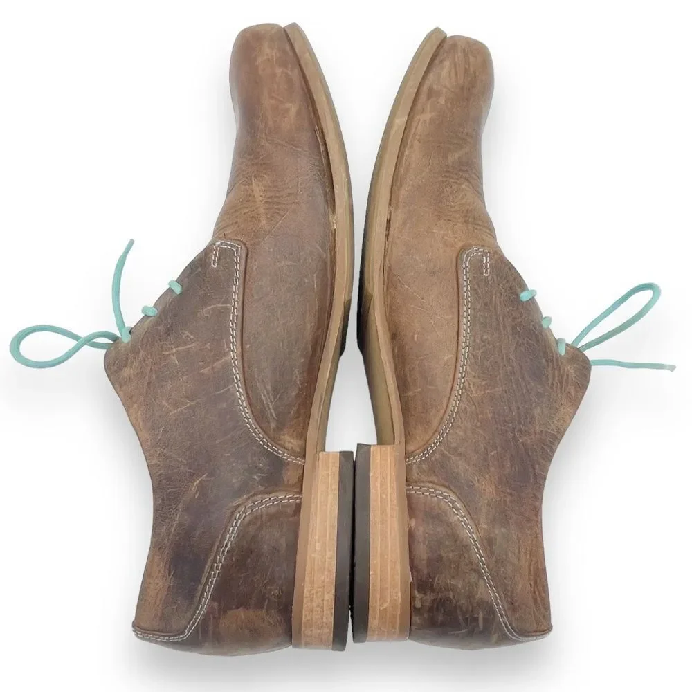 John Fluevog CBC Radio Derby Oxford Shoes Brown Leather Turquoise Men’s Size 8